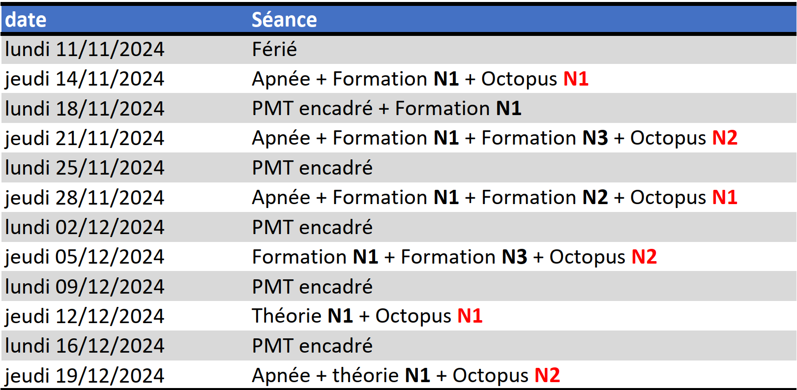 Calendrier 2024 Piscine adherents